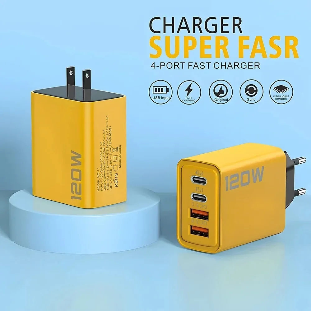 Total 120W 4 Ports USB Charger PD Type C Fast Charging Mobile Phone Adapter For iPhone Samsung Xiaomi Huawei QC 3.0 Wall Charger - ZOOMNSTORE