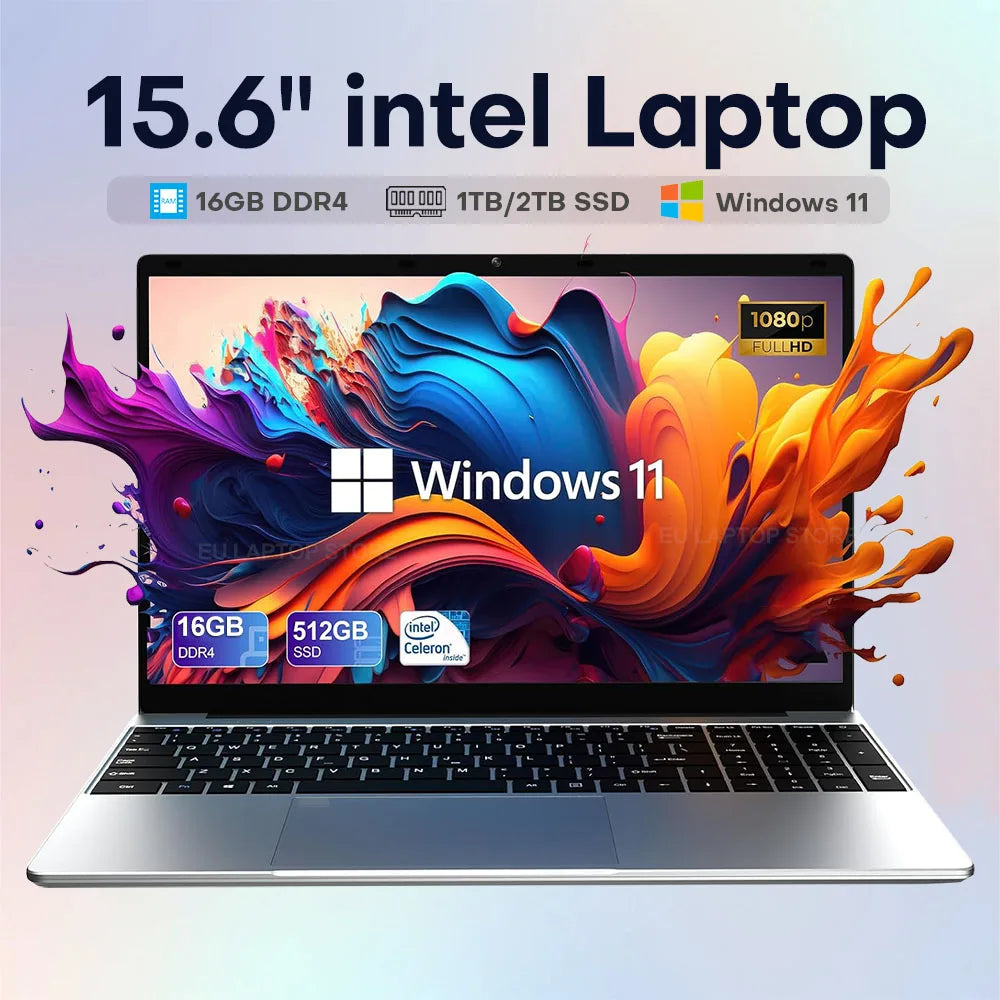 156 HD Intel Celeron Laptop - 16GB RAM 1TB SSD Windows 11 Pro Fingerprint Unlock - ZOOMNSTORE