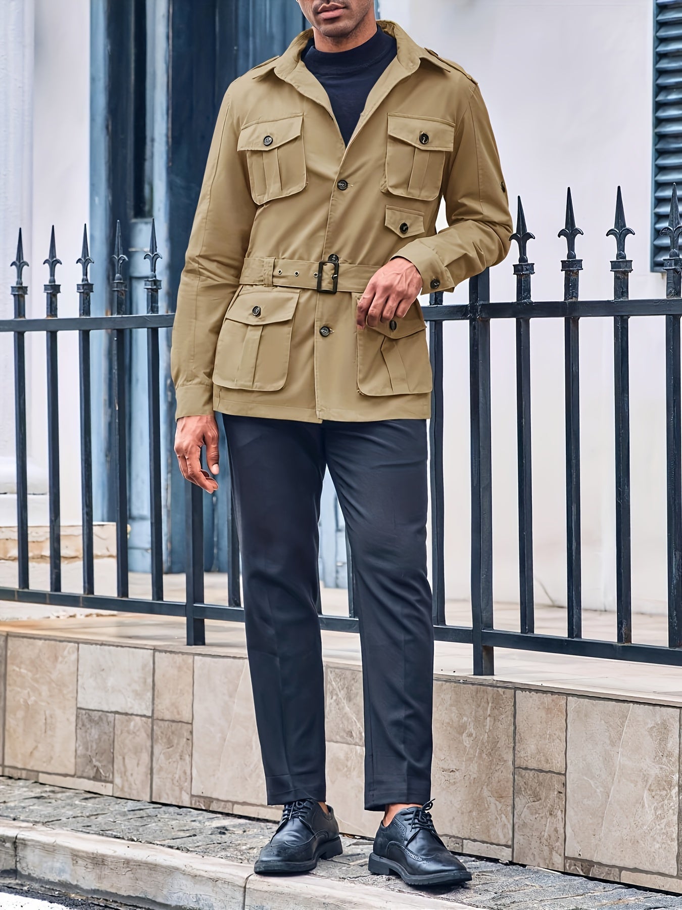 Mens Multi-Pocket Safari Jacket - Casual Outdoor Cargo Coat with Belt - ZOOMNSTORE