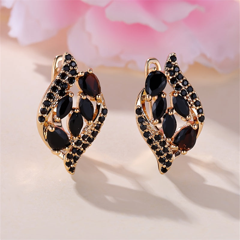 18K Gold-Plated Leaf Earrings - Black Synthetic Zirconia Wedding Jewelry for Women - ZOOMNSTORE