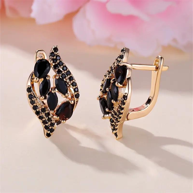 18K Gold-Plated Leaf Earrings - Black Synthetic Zirconia Wedding Jewelry for Women - ZOOMNSTORE