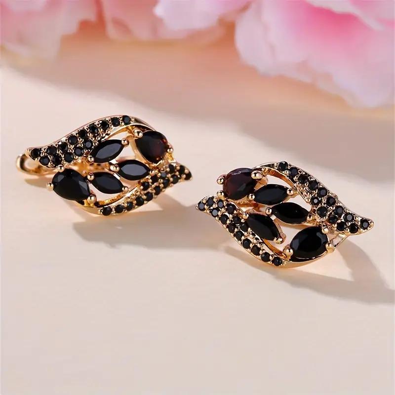 18K Gold-Plated Leaf Earrings - Black Synthetic Zirconia Wedding Jewelry for Women - ZOOMNSTORE