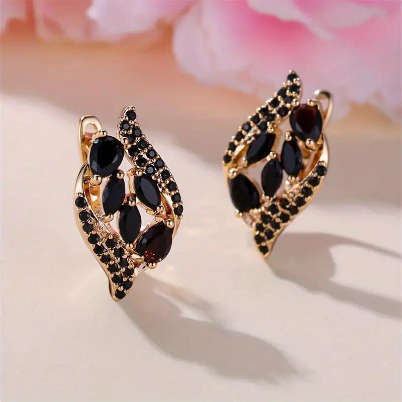 18K Gold-Plated Leaf Earrings - Black Synthetic Zirconia Wedding Jewelry for Women - ZOOMNSTORE