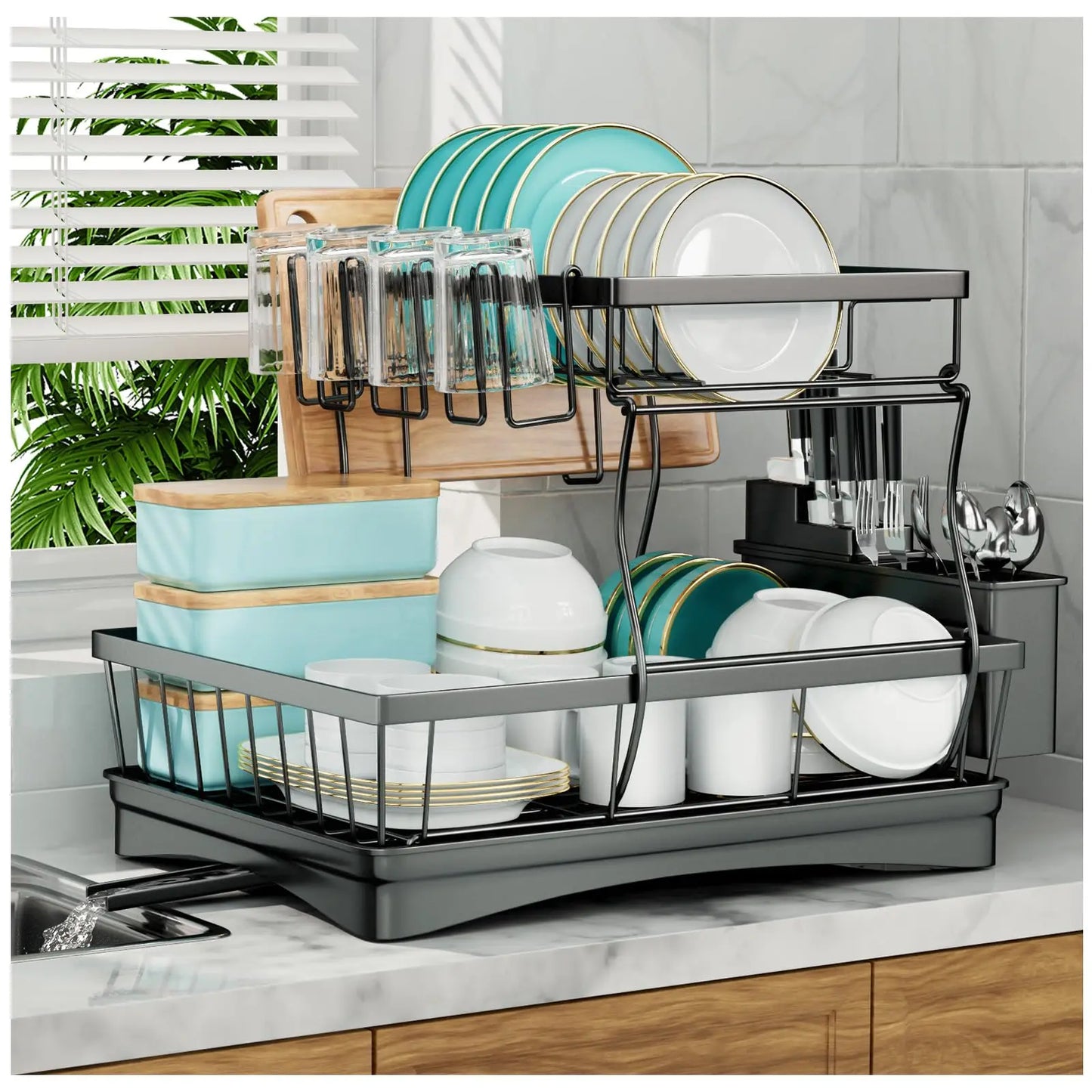 2-Tier Dish Drying Rack - Large Capacity Metal Kitchen Countertop Organizer - ZOOMNSTORE