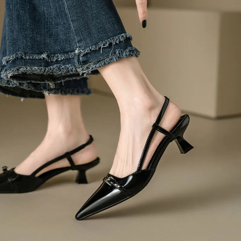 2024 Summer Womens Patent Leather Slip-On Pointed Toe Mid Heel Sandals - ZOOMNSTORE