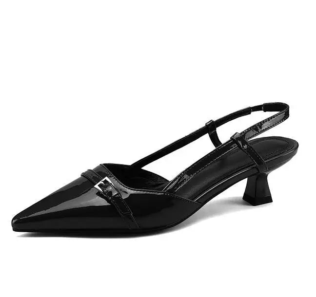 2024 Summer Womens Patent Leather Slip-On Pointed Toe Mid Heel Sandals - ZOOMNSTORE