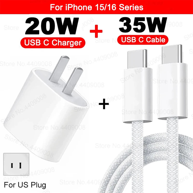 US EU Adapter 20W PD Fast Charger For iPhone 13 12 11 14 15 16 Pro Max Plus Fast Charging USB C Charger Type C Cable Accessories - ZOOMNSTORE