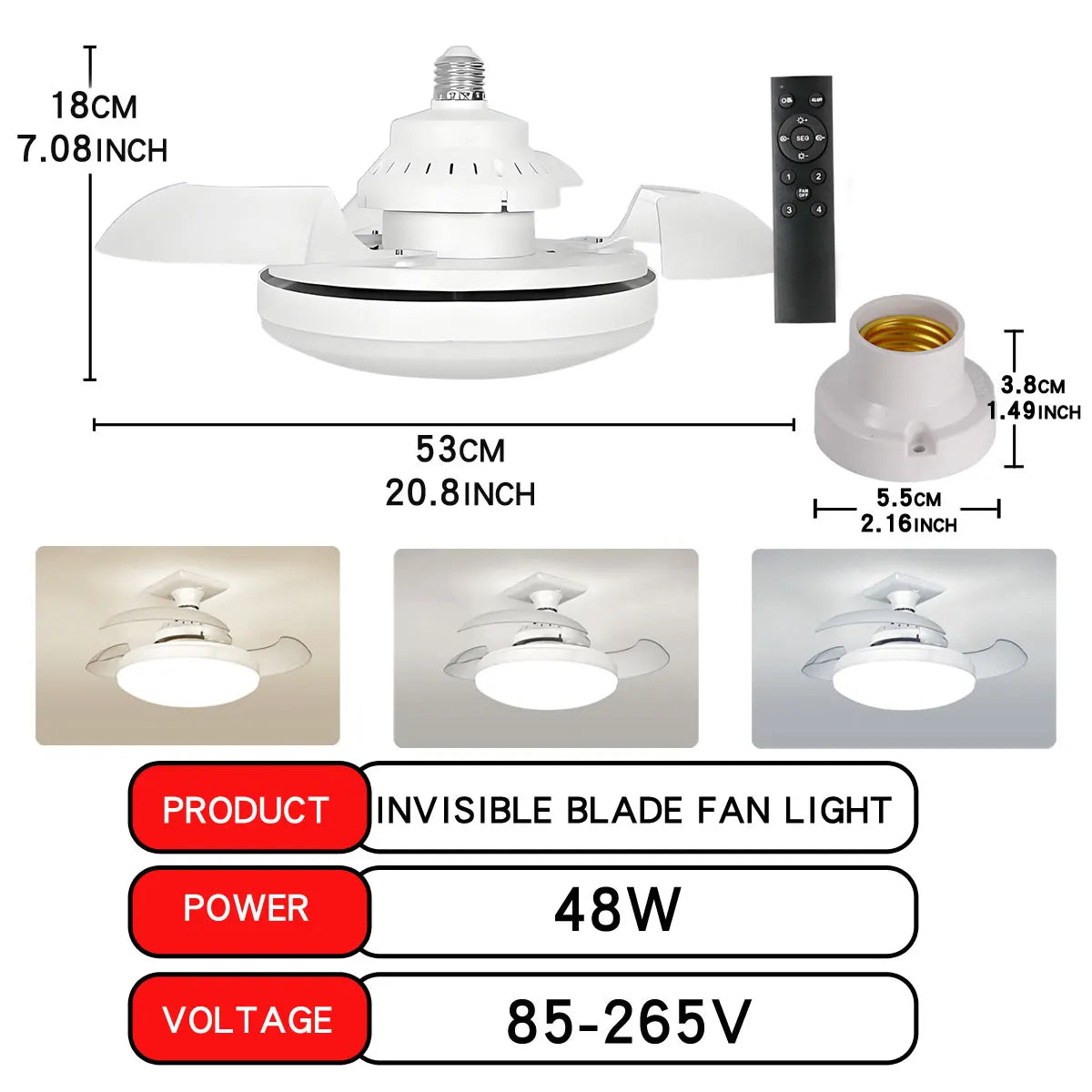30W LED Ceiling Fan Light with Remote - Dimmable E27 for Living Room Study 110-265V - ZOOMNSTORE