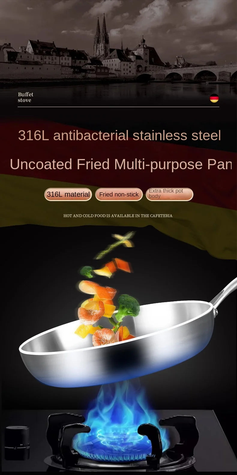 316 Stainless Steel Non-Stick Frying Pan Wok - Uncoated Kitchen Cookware for Gas and Induction Cookers - ZOOMNSTORE