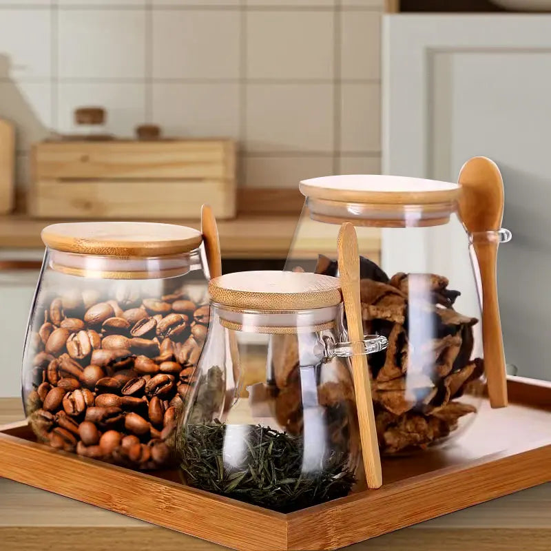 34oz sealed glass jar with spoon and lid Clear Spice jar Small food storage container Sugar jar Tea jar Kitchen coffee jar - ZOOMNSTORE