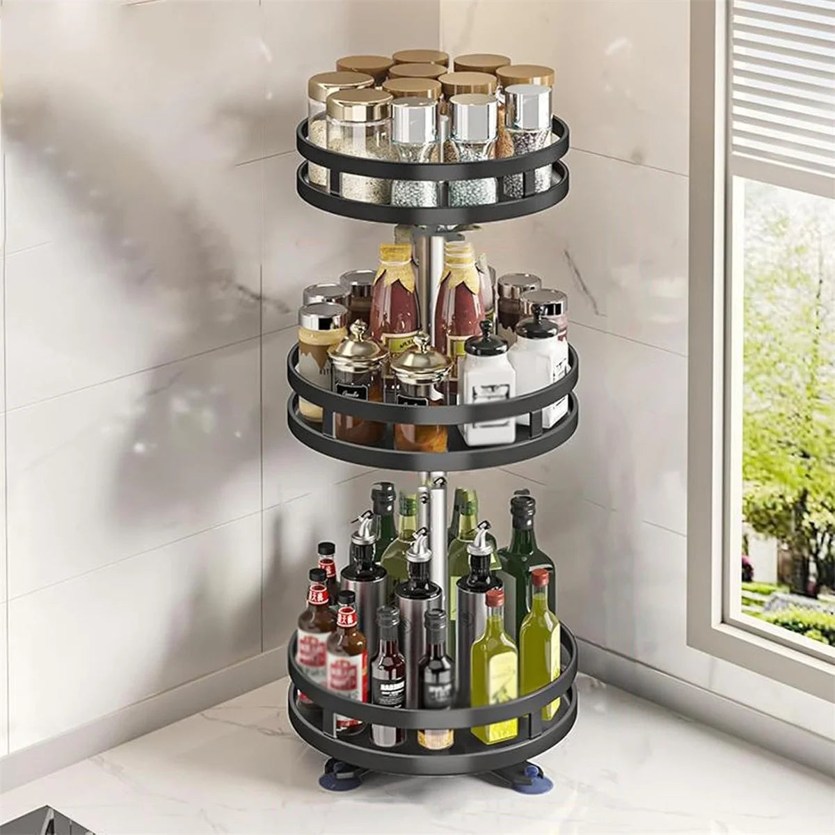 360 Rotating Spice Rack Organizer - Non-Skid Carbon Steel Storage Tray for Seasonings - ZOOMNSTORE
