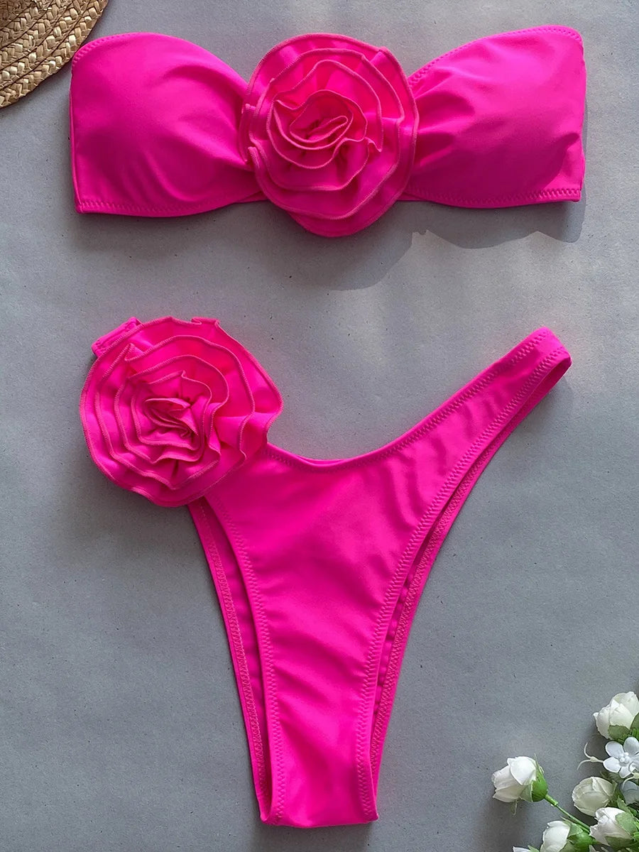 3D Floral Bandeau Bikini Set - Womens High Cut Swimsuit - ZOOMNSTORE