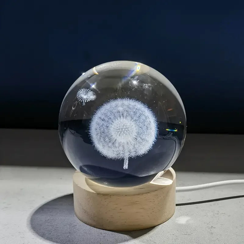 3D Laser Crystal Ball Night Light Decoration – Dandelion Carved Glass Sphere - ZOOMNSTORE
