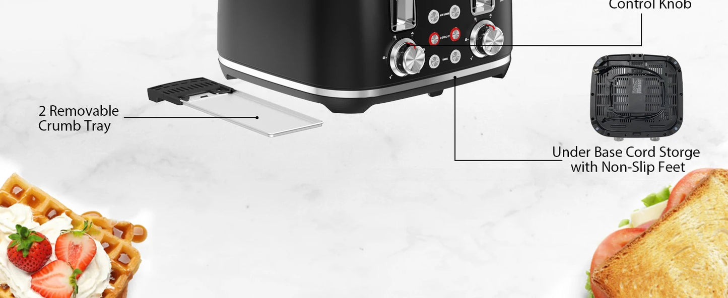4-Slice Stainless Steel Toaster - Extra Wide Slots Dual Controls Removable Crumb Tray 6 Shade Settings Black - ZOOMNSTORE
