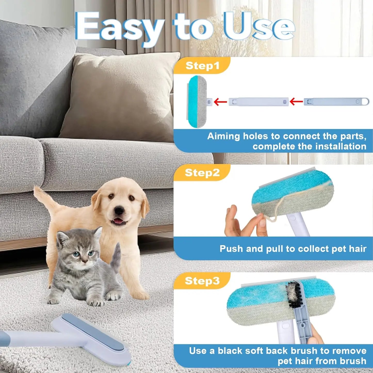 4-in-1 Long Handled Pet Hair Remover - Adjustable Washable Brush for Cats Dogs - ZOOMNSTORE