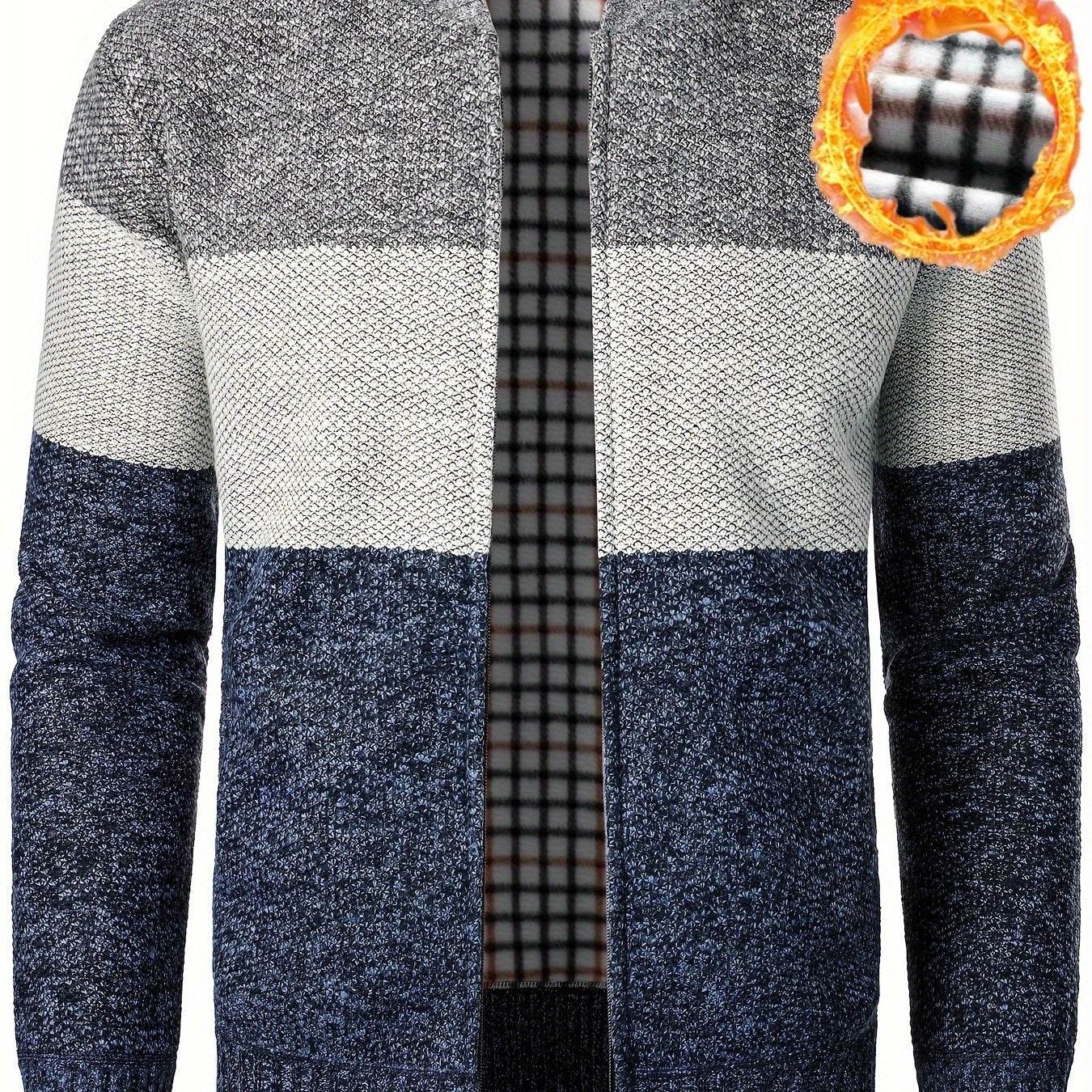 Men'S Casual High Neck Fleece Jacket, Color Block Knit Polyester Cardigan, Mid Stretch Zip-Up Fall/Winter Outerwear, Regular Fit with Placket Closure, Thick - ZOOMNSTORE