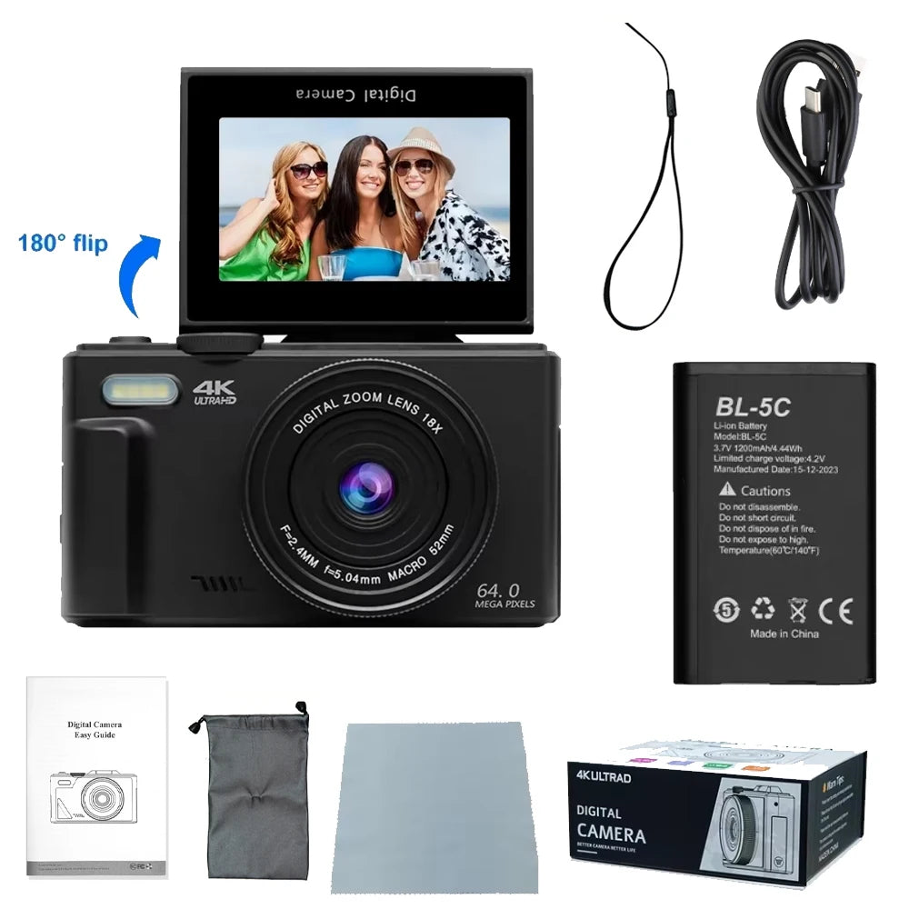 4K Digital Camera - 64MP Flip Screen Vlogging Camera with 18X Digital Zoom - ZOOMNSTORE