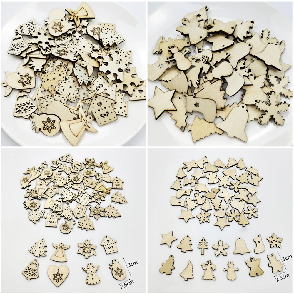 50pcs Christmas Wooden Ornaments - Santa Claus Snowflake Tree Decorations - ZOOMNSTORE