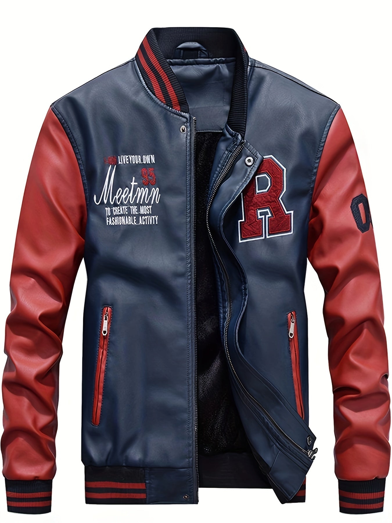 Slim Fit Mens Faux Leather Baseball Jacket - Casual Stand Collar Coat - ZOOMNSTORE