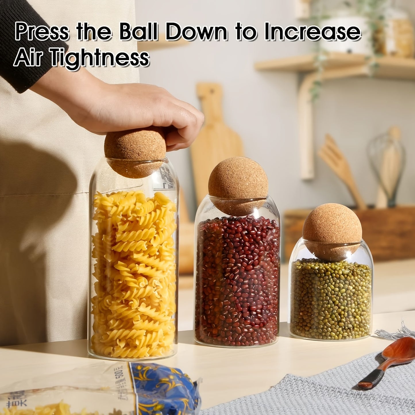 Airtight Glass Storage Jar Set - 3pcs Cork Lid Canisters for Food Coffee Tea Spices - ZOOMNSTORE