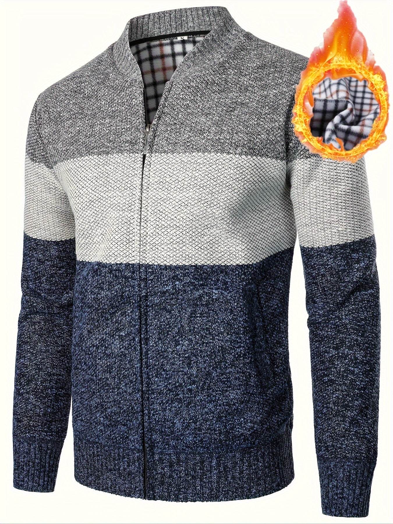 Men'S Casual High Neck Fleece Jacket, Color Block Knit Polyester Cardigan, Mid Stretch Zip-Up Fall/Winter Outerwear, Regular Fit with Placket Closure, Thick - ZOOMNSTORE