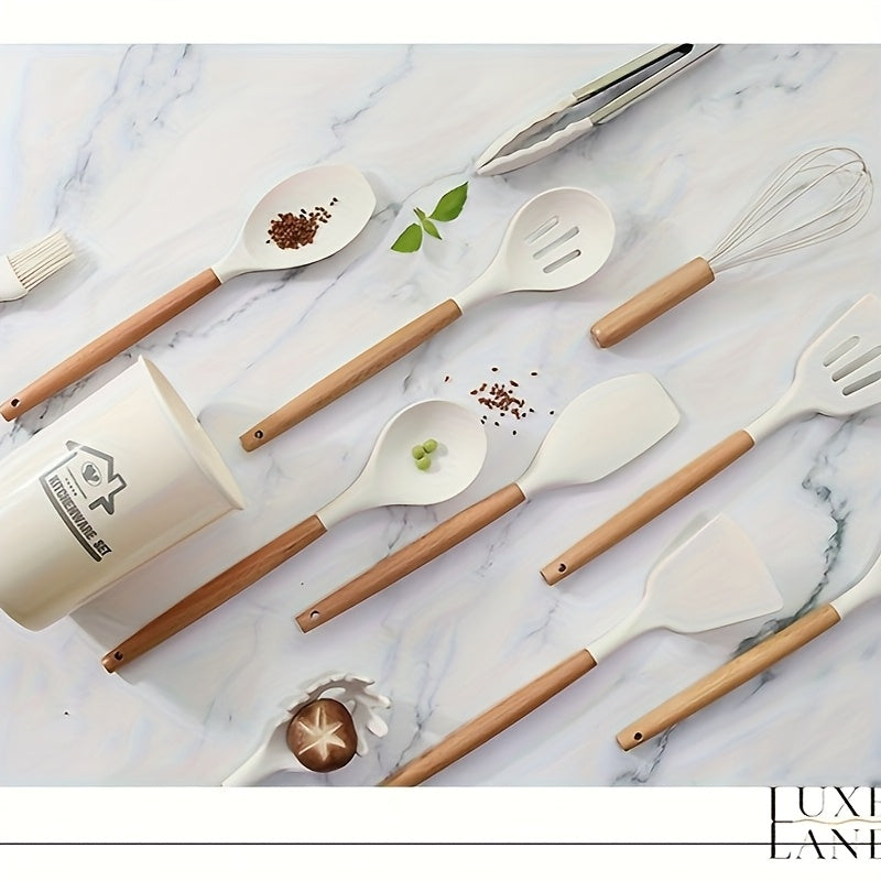 Non-Stick Silicone Kitchen Utensil Set - 12pcs with Ergonomic Wooden Handles Heat-Resistant Easy to Clean - ZOOMNSTORE