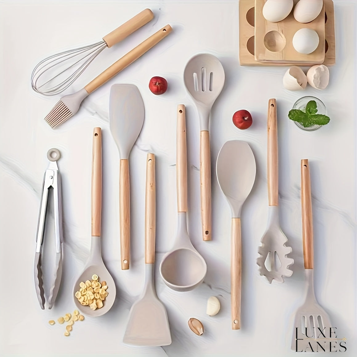 Non-Stick Silicone Kitchen Utensil Set - 12pcs with Ergonomic Wooden Handles Heat-Resistant Easy to Clean - ZOOMNSTORE