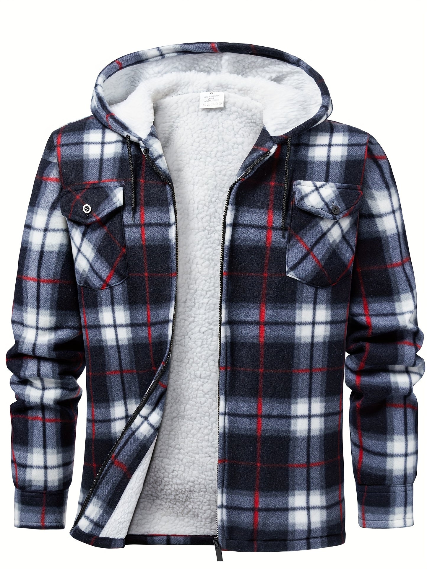 Men's fleece hooded casual fashion plaid zipper jacket - ZOOMNSTORE
