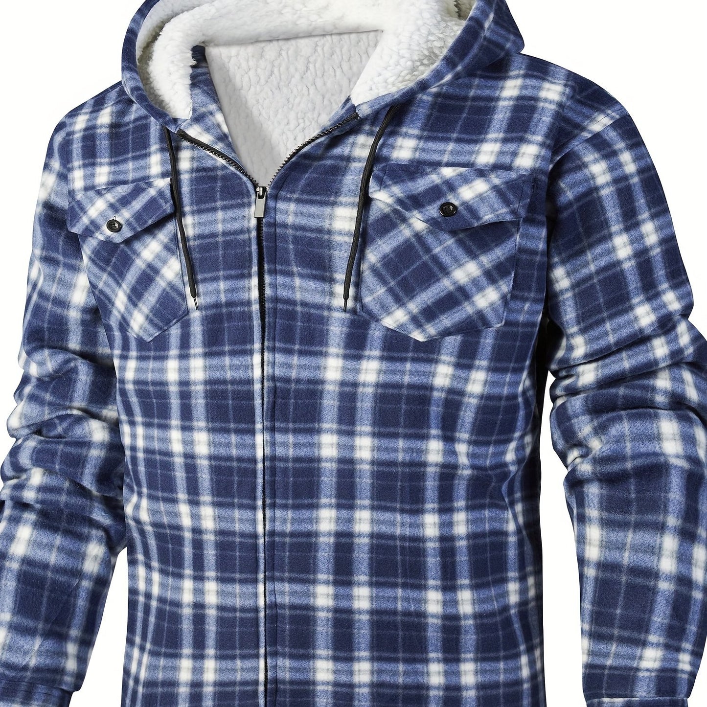 Men's fleece hooded casual fashion plaid zipper jacket - ZOOMNSTORE