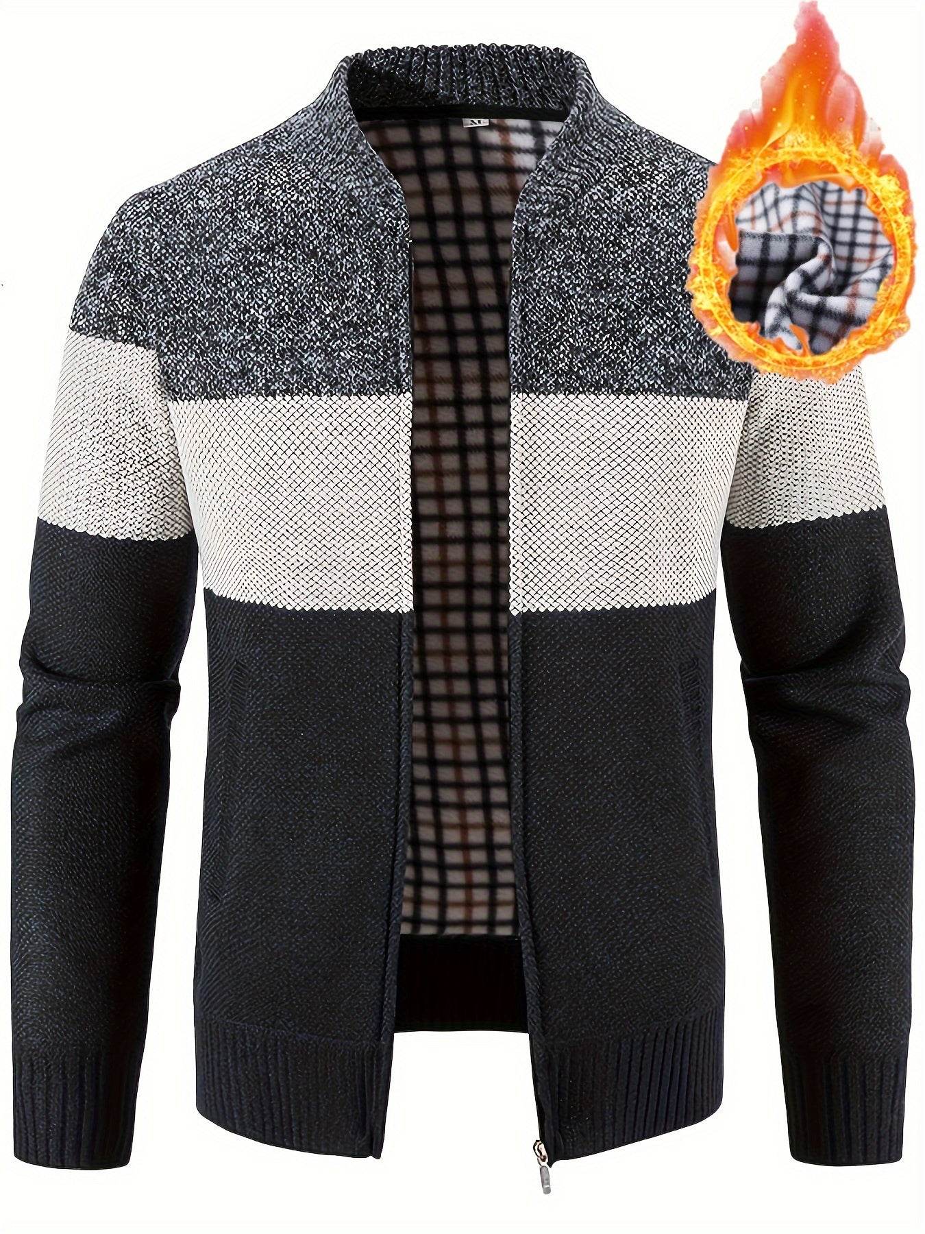 Men'S Casual High Neck Fleece Jacket, Color Block Knit Polyester Cardigan, Mid Stretch Zip-Up Fall/Winter Outerwear, Regular Fit with Placket Closure, Thick - ZOOMNSTORE