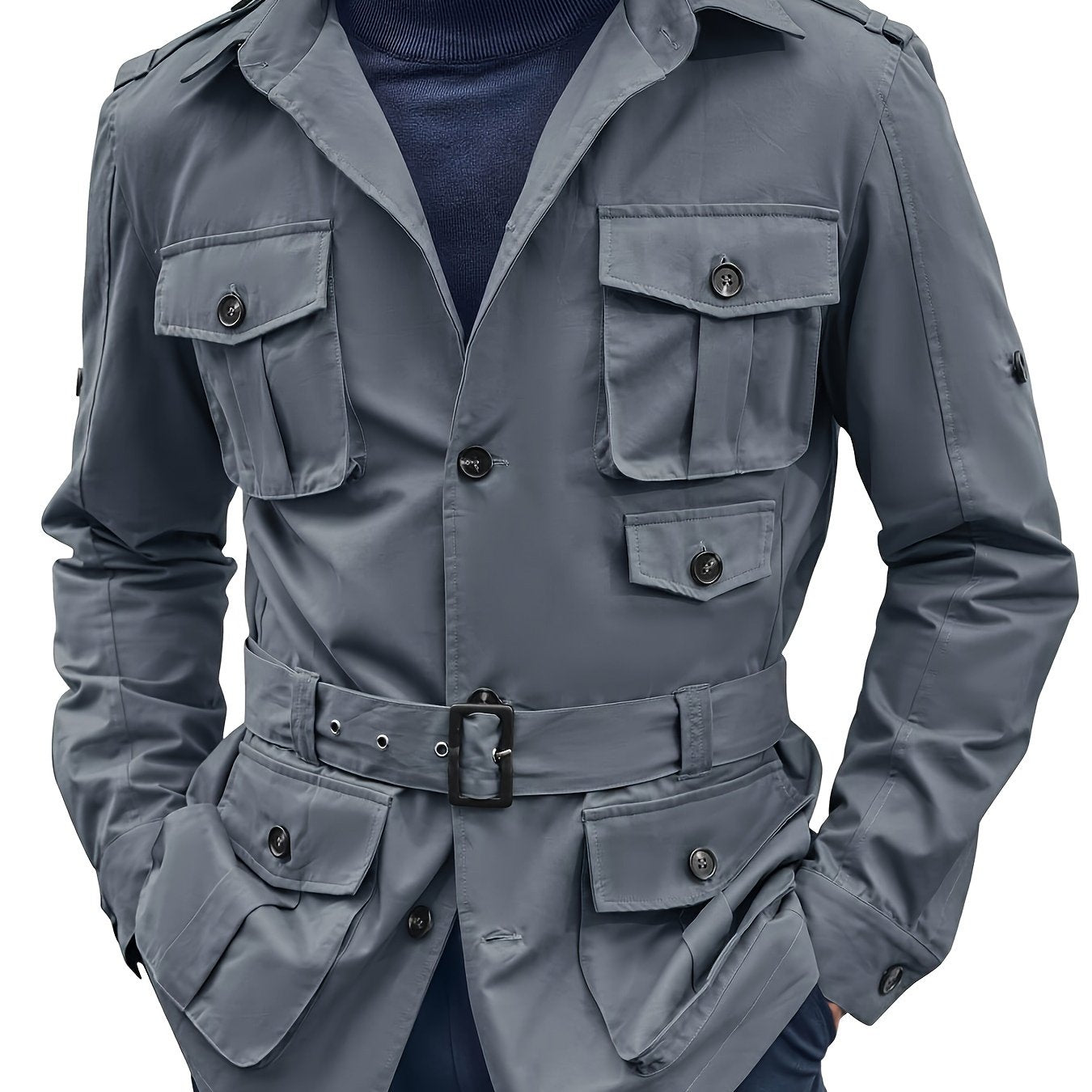 Mens Multi-Pocket Safari Jacket - Casual Outdoor Cargo Coat with Belt - ZOOMNSTORE