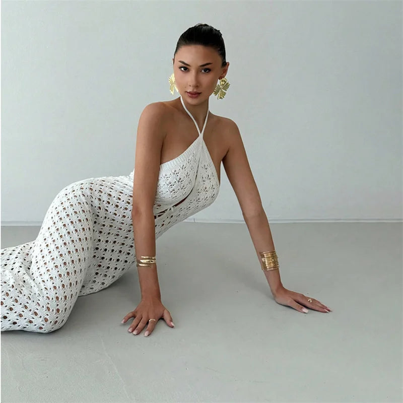 Women's Halter Neck Backless Lace-Up Long Slim Fit Knit Dress See-Through Crochet Beach Bikini Cover-Up Summer Swimwear