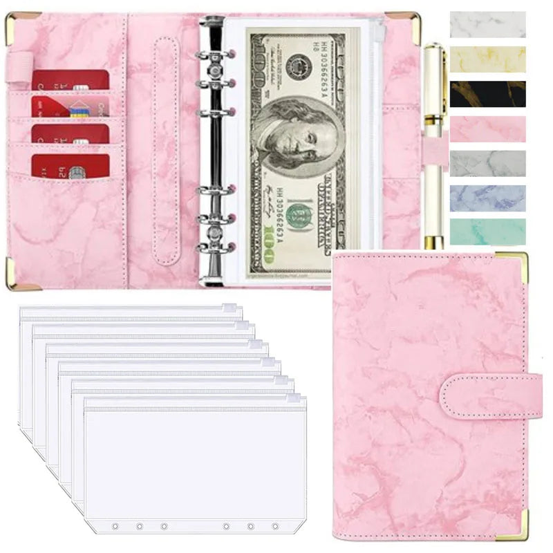 A6 Budget Binder - PU Leather Money Organizer with Marble Notebook for Office School Supplies - ZOOMNSTORE