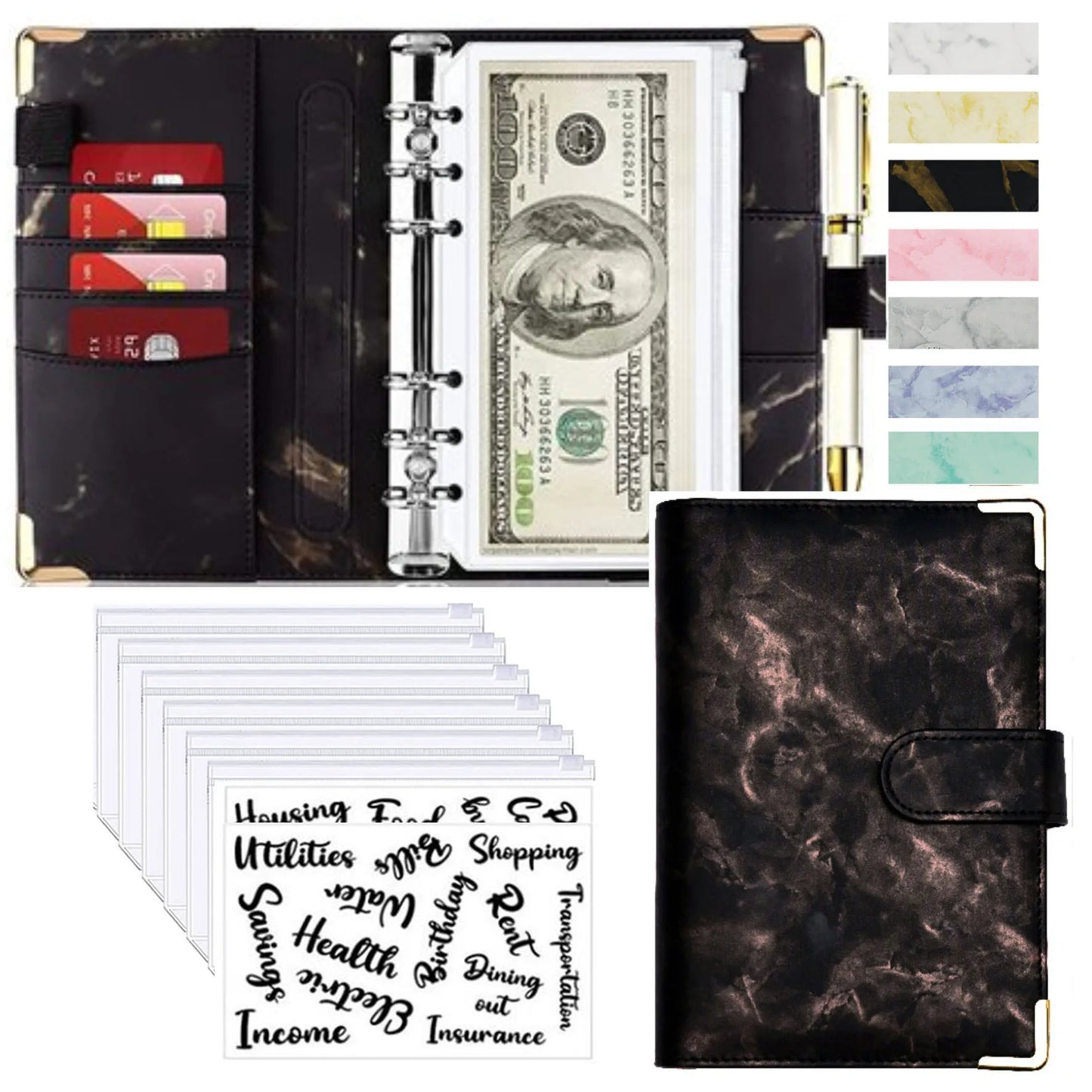 A6 Budget Binder - PU Leather Money Organizer with Marble Notebook for Office School Supplies - ZOOMNSTORE