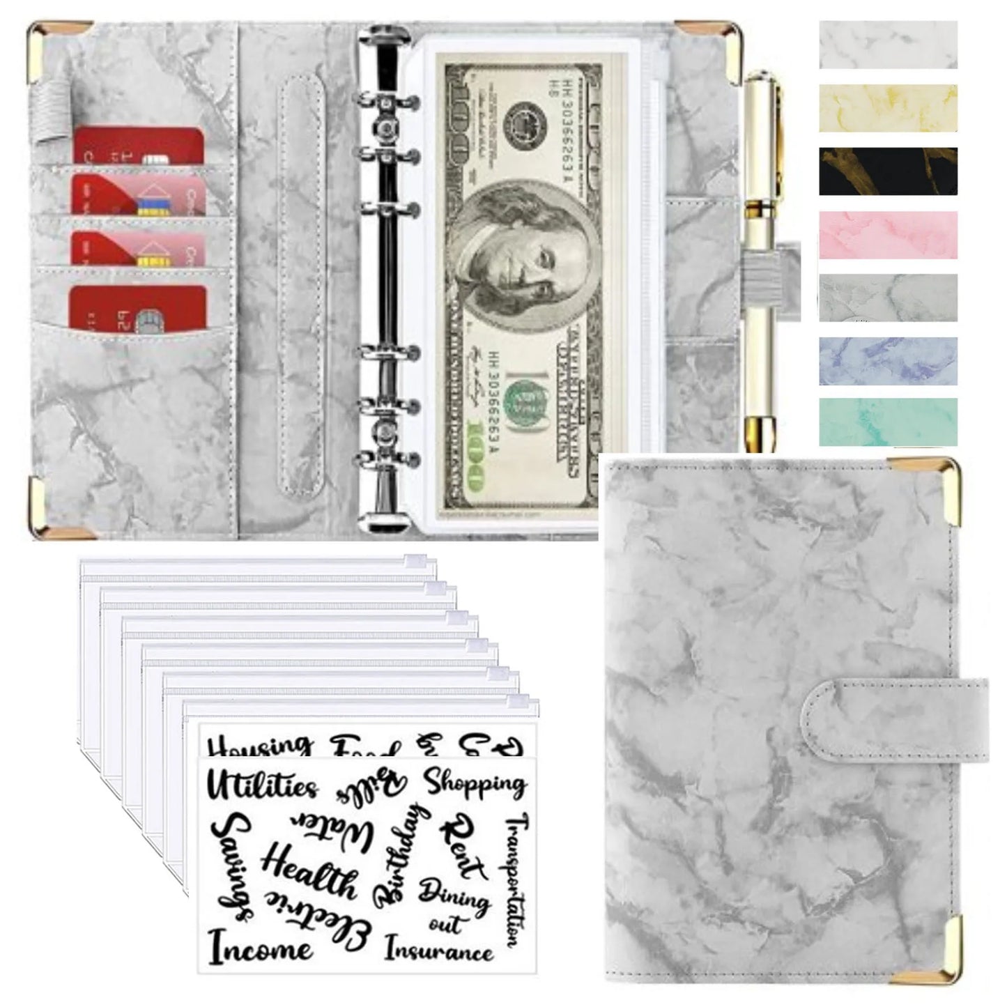 A6 Budget Binder - PU Leather Money Organizer with Marble Notebook for Office School Supplies - ZOOMNSTORE
