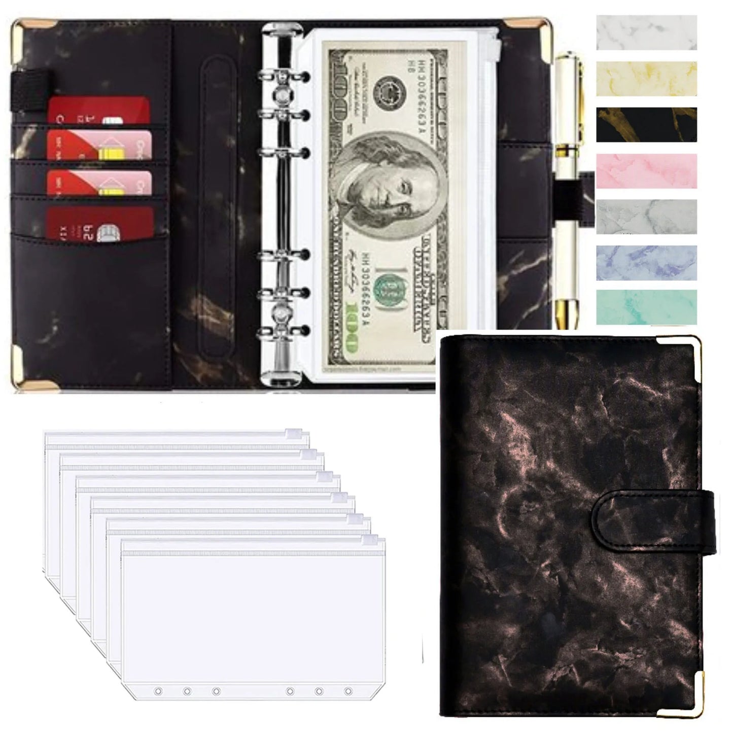 A6 Budget Binder - PU Leather Money Organizer with Marble Notebook for Office School Supplies - ZOOMNSTORE