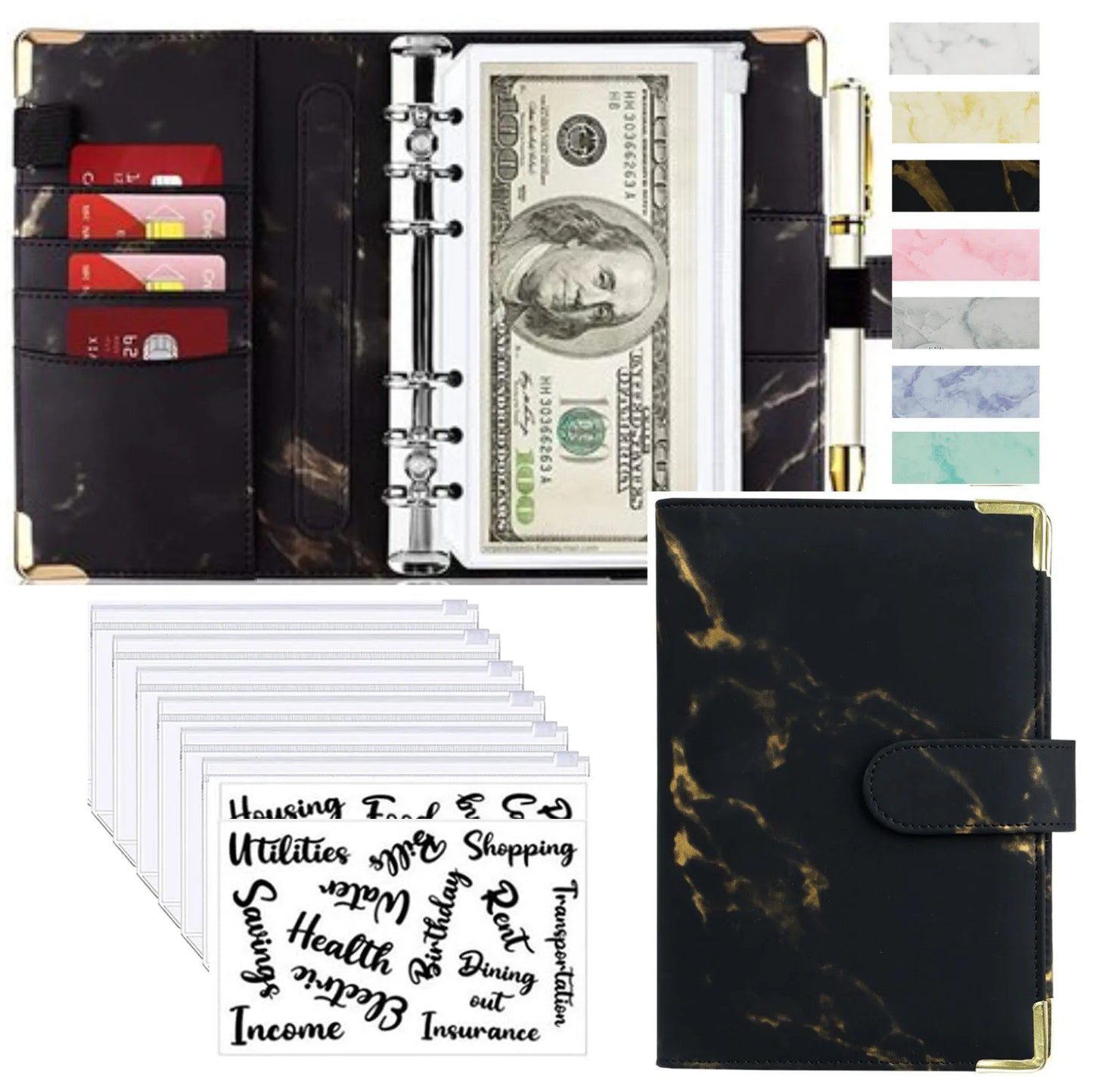 A6 Budget Binder - PU Leather Money Organizer with Marble Notebook for Office School Supplies - ZOOMNSTORE