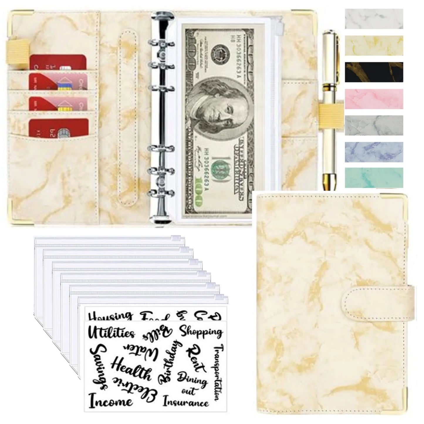 A6 Budget Binder - PU Leather Money Organizer with Marble Notebook for Office School Supplies - ZOOMNSTORE