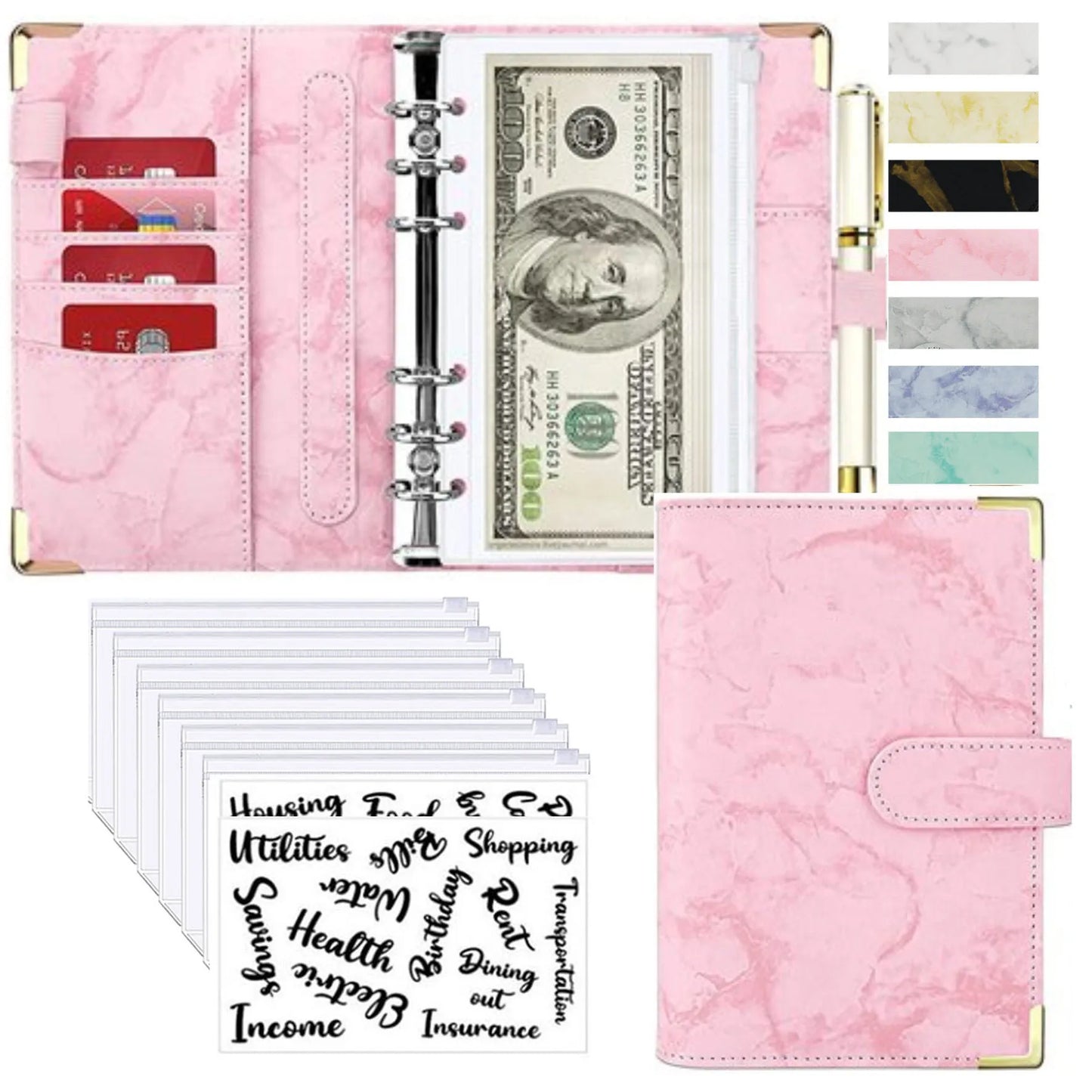A6 Budget Binder - PU Leather Money Organizer with Marble Notebook for Office School Supplies - ZOOMNSTORE