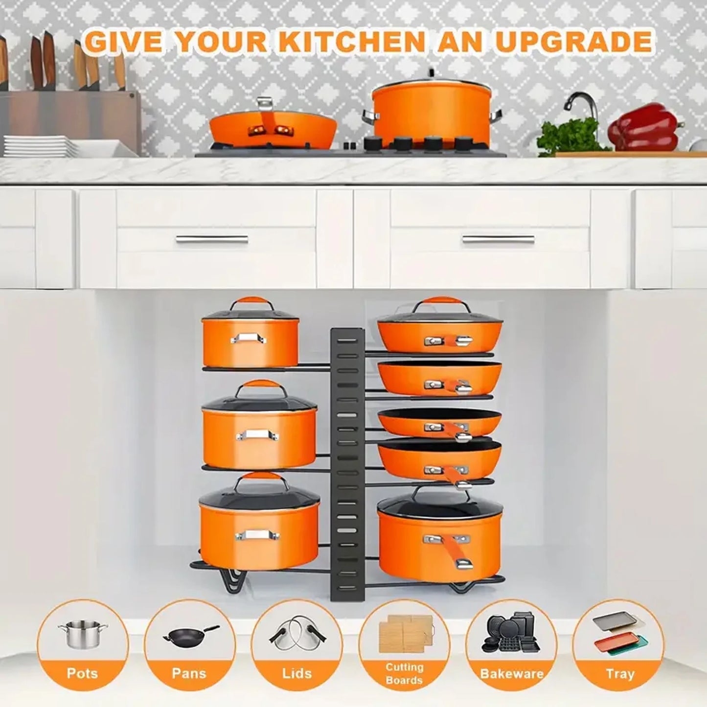 8-Tier Metal Pot Rack Organizer - Space-Saving Kitchen Storage for Pots Pans and Lids - ZOOMNSTORE