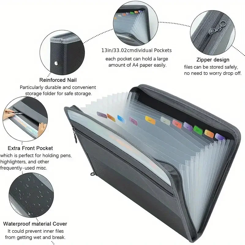 Accordion File Organizer - 13 Pocket Expanding Folder with Zipper and Pencil Pouch - ZOOMNSTORE