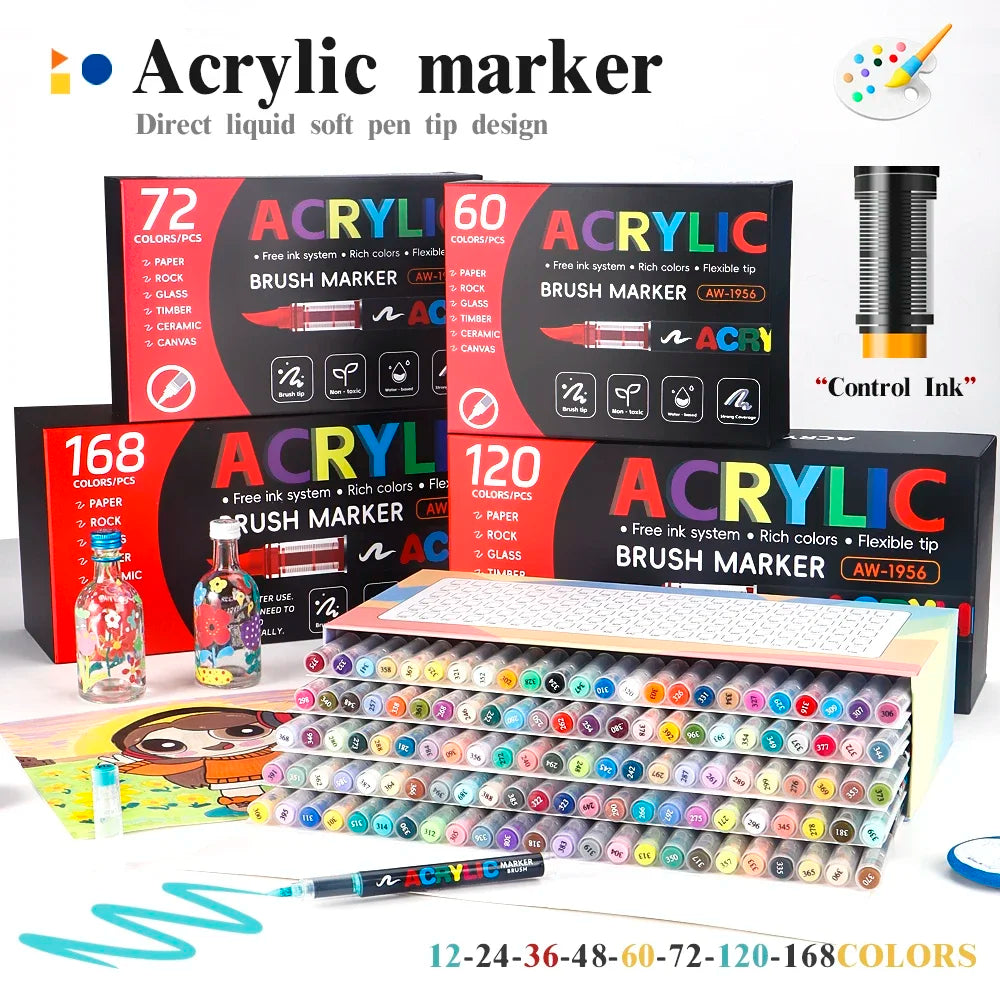 12-168 Colors Acrylic Paint Pen Marker Brush Tip Paint Marker For Rock Painting Wood Canvas Stone Christmas Gift DIY Craft - ZOOMNSTORE
