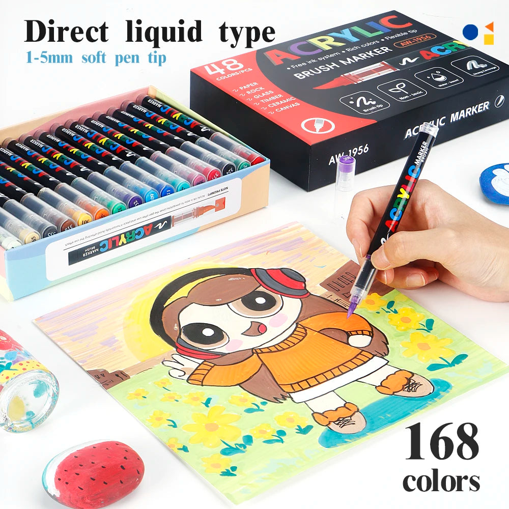 12-168 Colors Acrylic Paint Pen Marker Brush Tip Paint Marker For Rock Painting Wood Canvas Stone Christmas Gift DIY Craft - ZOOMNSTORE
