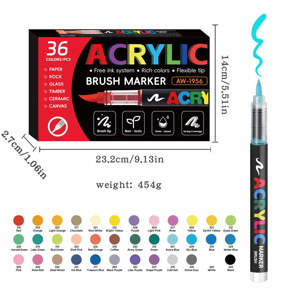 12-168 Colors Acrylic Paint Pen Marker Brush Tip Paint Marker For Rock Painting Wood Canvas Stone Christmas Gift DIY Craft - ZOOMNSTORE