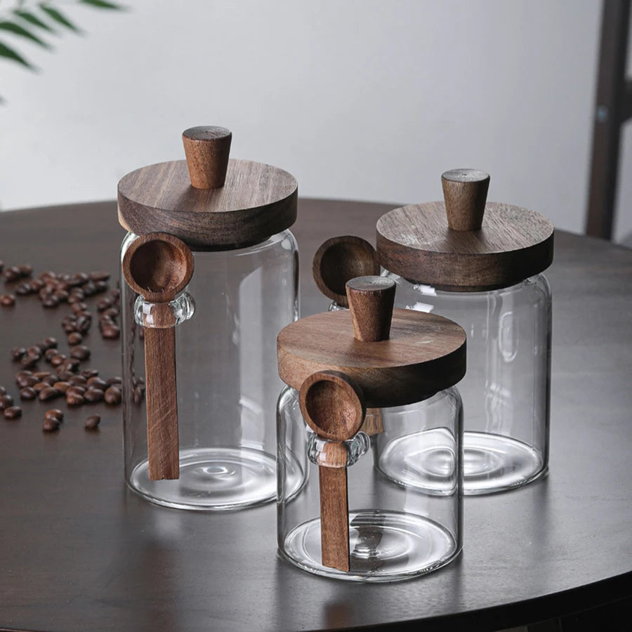 Glass Food Storage Containers with Wooden Lids and Scoop Glass Sealed Jar Airtight Food Storage Jar for Sugar Coffee Bean Candy - ZOOMNSTORE