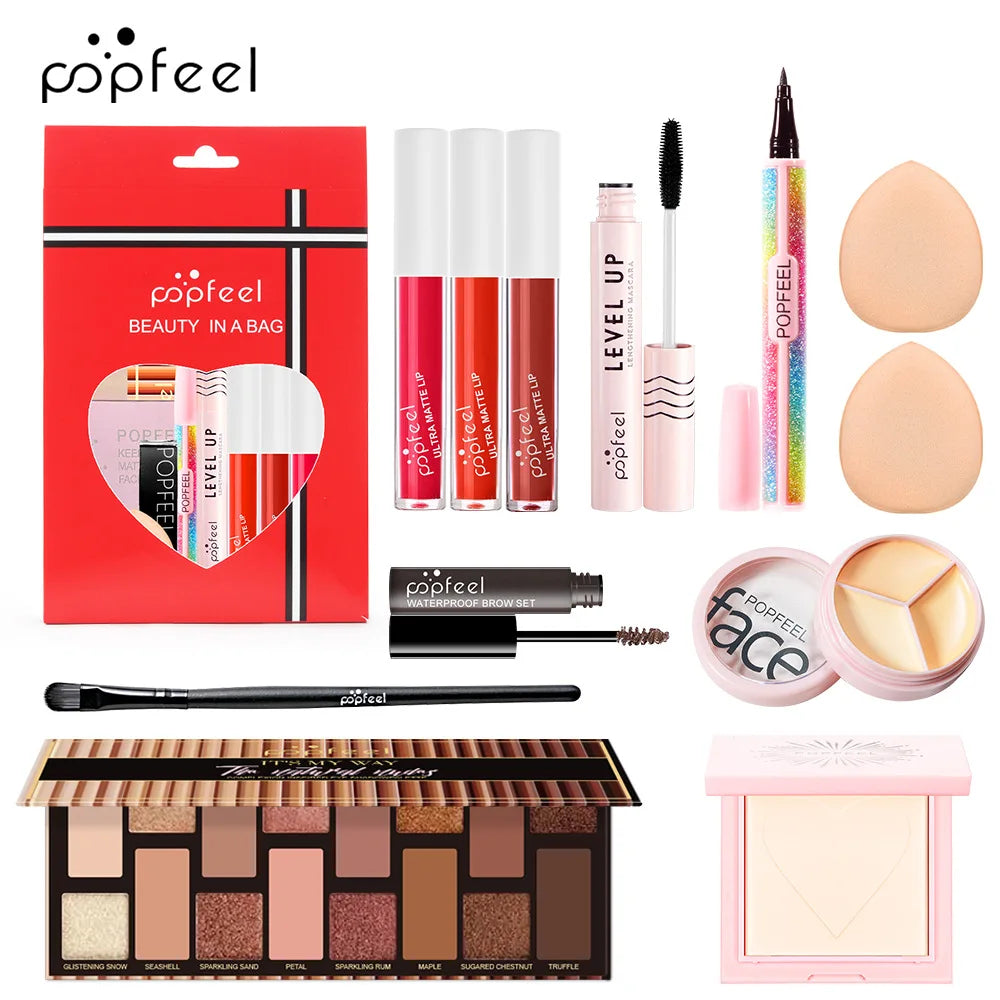 All-in-One Makeup Kit Gift Set - Eyeshadow Foundation Lip Gloss Blush Brushes Eyeliner - ZOOMNSTORE