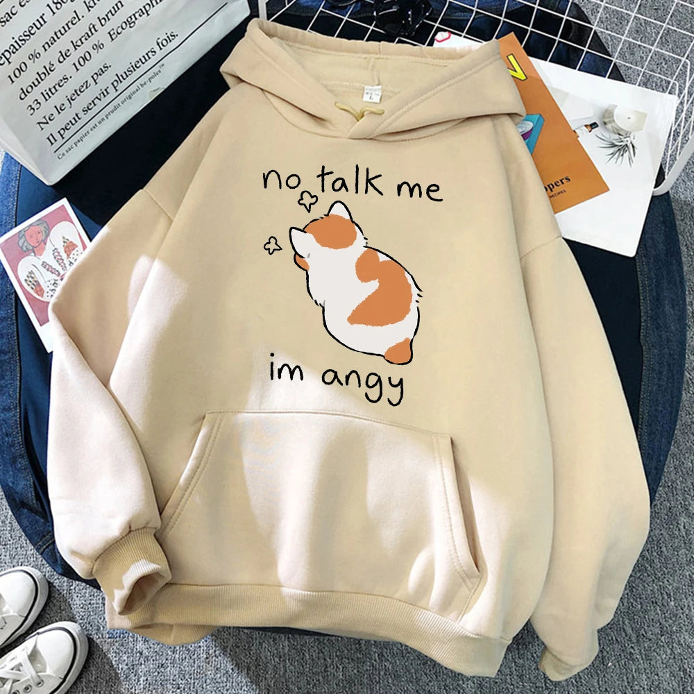 Angry Cat Print Hoodie - Oversized Casual Fleece Streetwear - ZOOMNSTORE