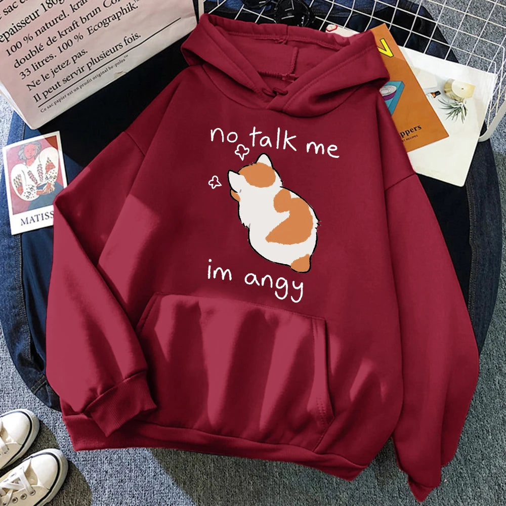 Angry Cat Print Hoodie - Oversized Casual Fleece Streetwear - ZOOMNSTORE