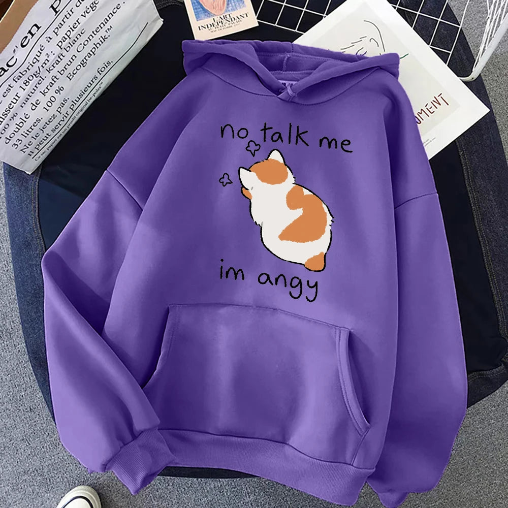 Angry Cat Print Hoodie - Oversized Casual Fleece Streetwear - ZOOMNSTORE