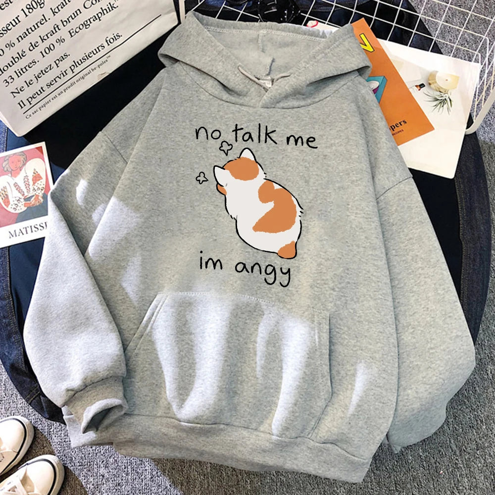 Angry Cat Print Hoodie - Oversized Casual Fleece Streetwear - ZOOMNSTORE